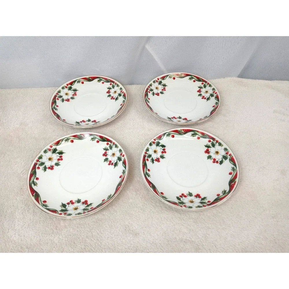 Set of 4 Gibson Christmas Poinsettia & Holly Saucers 5.75